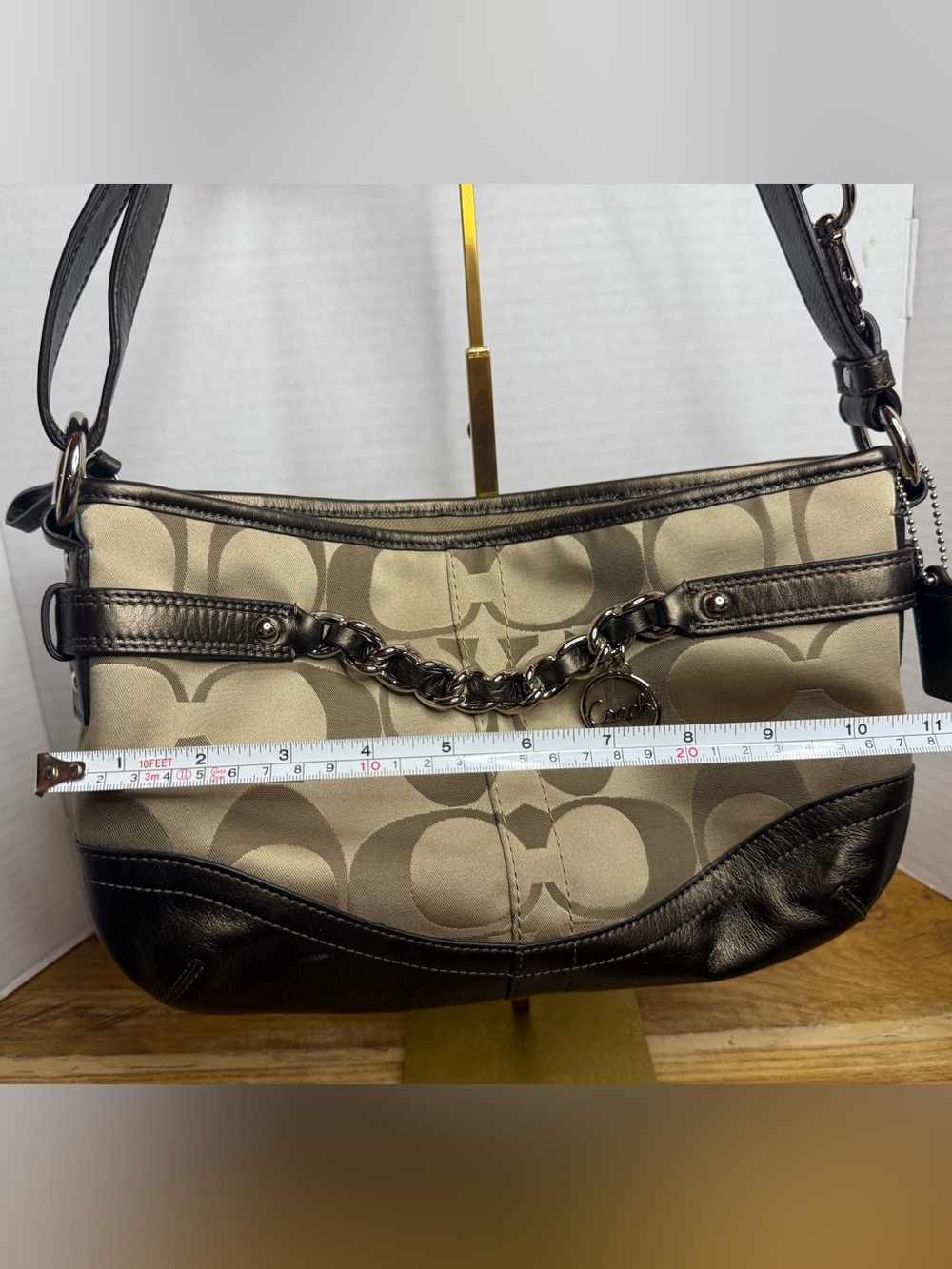 Coach F19724 Signature Jacquard Shoulder Bag Champagne Bronze Chain Charm EUC - Picture 14 of 16